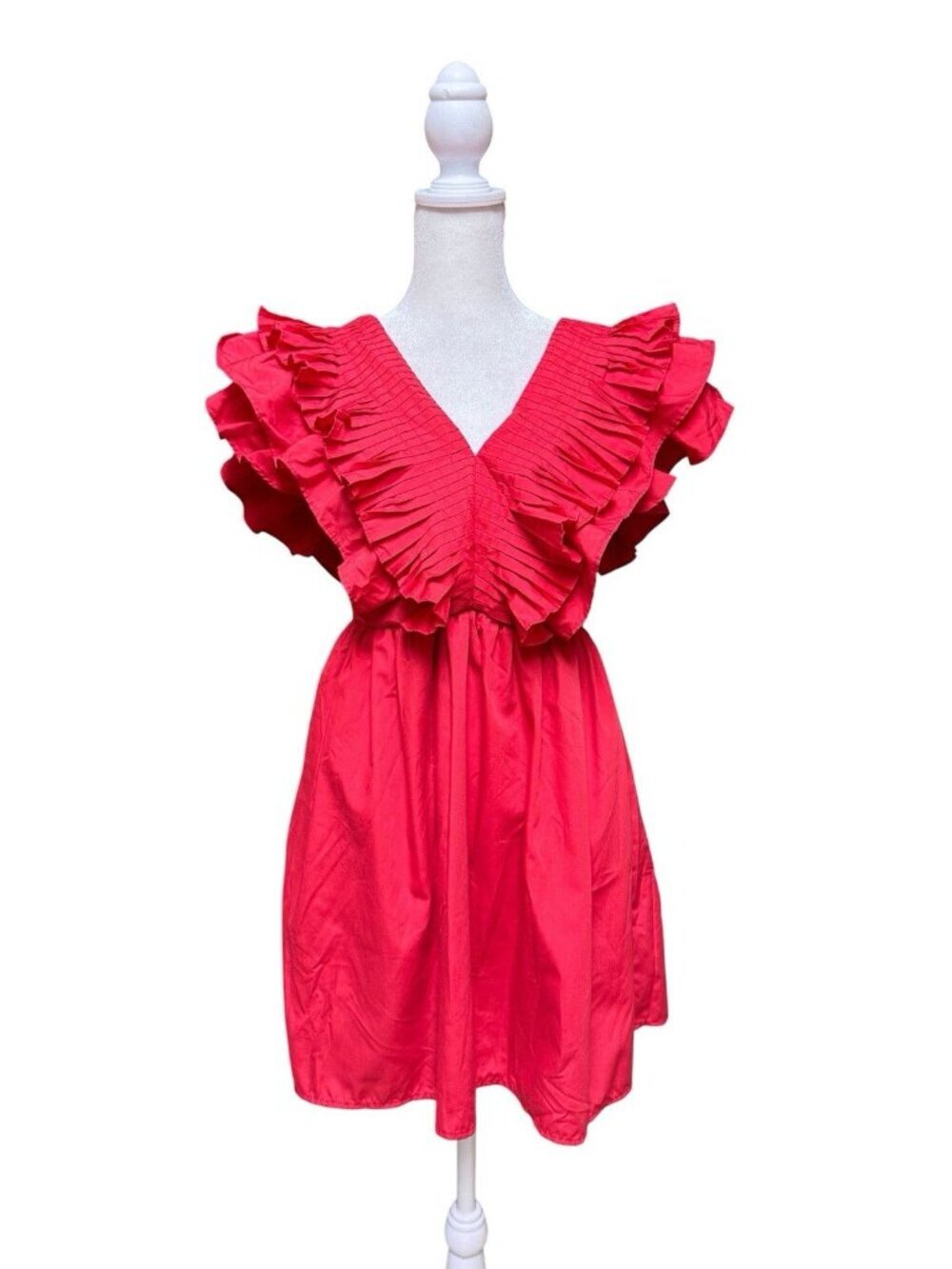 Lavish Red Ruffle Mini Dress V Neck Cotton Fit Flare Size S